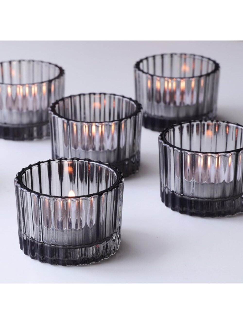 24pcs Smoky Grey Ribbed Tealight Candle Holders - Elegant Votive Decor
